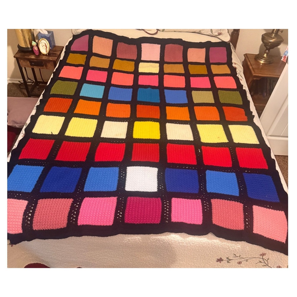Vintage Handmade Crochet Afghan Rainbow Patchwork Granny Square Blanket Throw